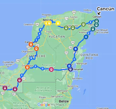 Map of Tren Maya route in the south of Mexico
