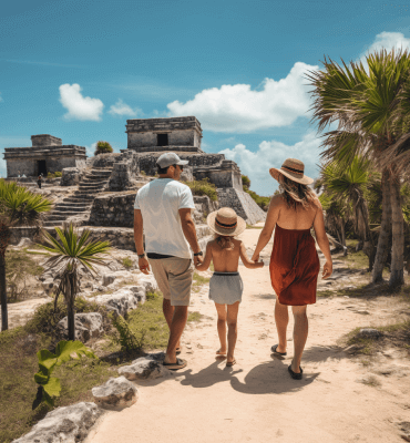 family walking in the Mayan ruins of Tulum 